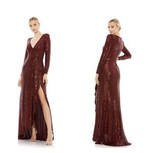 Mac Duggal 26395 Red Wine Sequin Asymmetrical Side Split Gown Size 6 $398